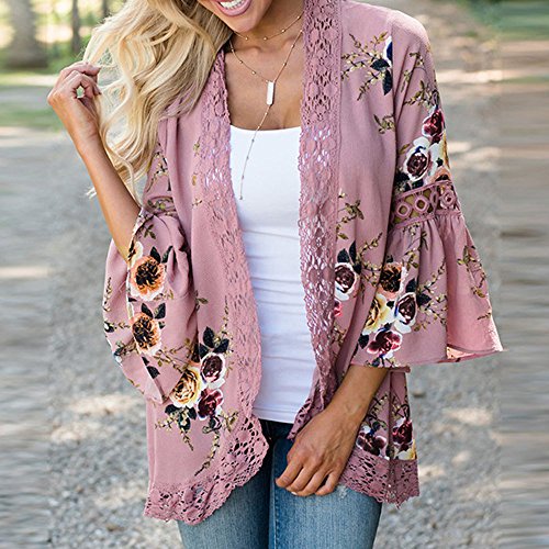 Overdose Las Nuevas SeñOras De Las SeñOras Floral Chaqueta Abierta Frente Kimono Casual Cardigan Primavera OtoñO Mejor Venta Abrigo (XXX-Large, a-Rosa)