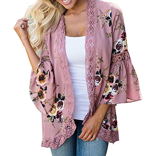 Overdose Las Nuevas SeñOras De Las SeñOras Floral Chaqueta Abierta Frente Kimono Casual Cardigan Primavera OtoñO Mejor Venta Abrigo (XXX-Large, a-Rosa)