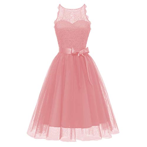 OverDose mujer De La Vendimia Princesa Bow CóCtel De Encaje Floral O-Cuello Fiesta Formal Una LíNea Swing Dress Novia Vestidos De Dama De Honor