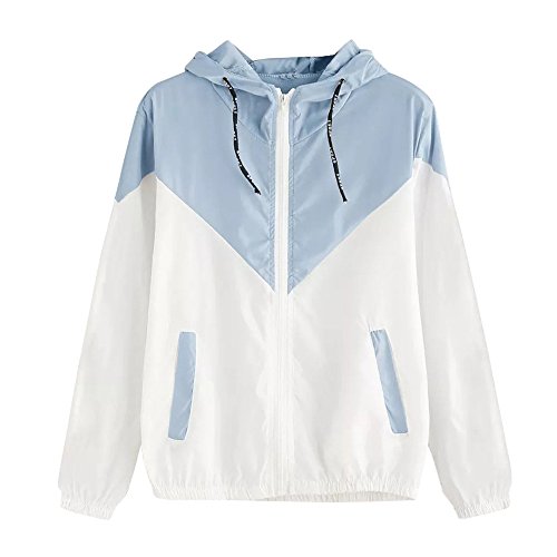 Overdose Nuevo Modelo De Moda Mujeres Manga Larga Patchwork Piel Fina Trajes con Capucha Cremallera Casual Sport Coat Sudadera con Capucha Superior (S, O-Azul Cielo)