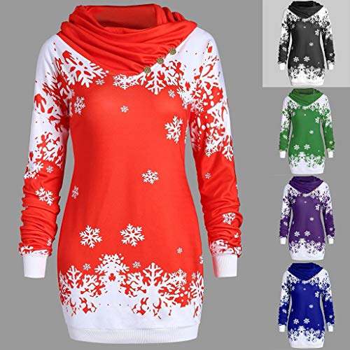 OverDose Sudadera Para Mujer De Manga Larga con Capucha Navidad Linda Ropa De Abrigo Estampado De Copo De Nieve para Mujer Tops Casuales Collar Irregular De Moda Feliz Navidad