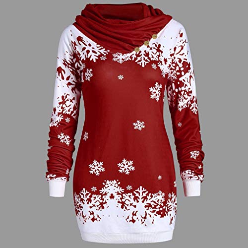 OverDose Sudadera Para Mujer De Manga Larga con Capucha Navidad Linda Ropa De Abrigo Estampado De Copo De Nieve para Mujer Tops Casuales Collar Irregular De Moda Feliz Navidad