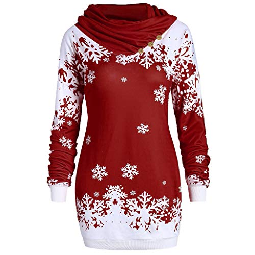 OverDose Sudadera Para Mujer De Manga Larga con Capucha Navidad Linda Ropa De Abrigo Estampado De Copo De Nieve para Mujer Tops Casuales Collar Irregular De Moda Feliz Navidad