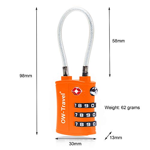 OW-Travel Candado Combinacion Cable Acero Flexible Anti robo. Candado maleta TSA numerico 3 Digitos. Candados mochila y maletas. Candado Taquilla Gimnasio. TSA candado seguridad equipaje Naranja 2