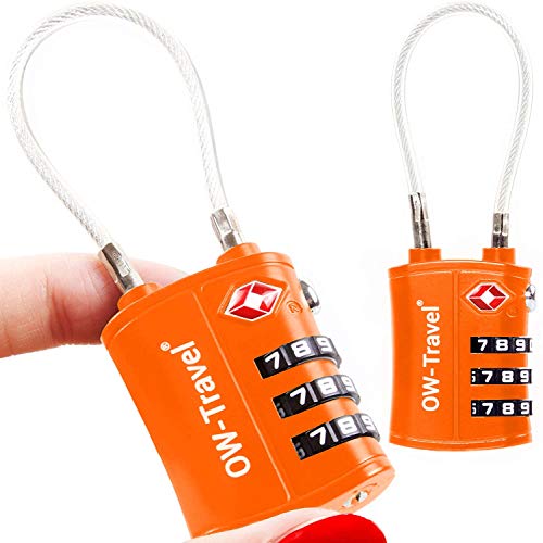 OW-Travel Candado Combinacion Cable Acero Flexible Anti robo. Candado maleta TSA numerico 3 Digitos. Candados mochila y maletas. Candado Taquilla Gimnasio. TSA candado seguridad equipaje Naranja 2