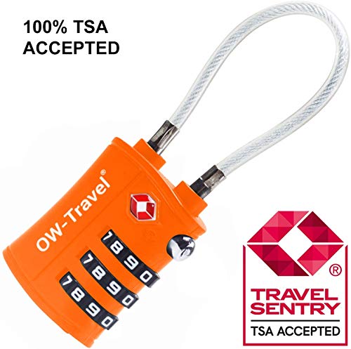 OW-Travel Candado Combinacion Cable Acero Flexible Anti robo. Candado maleta TSA numerico 3 Digitos. Candados mochila y maletas. Candado Taquilla Gimnasio. TSA candado seguridad equipaje Naranja 2