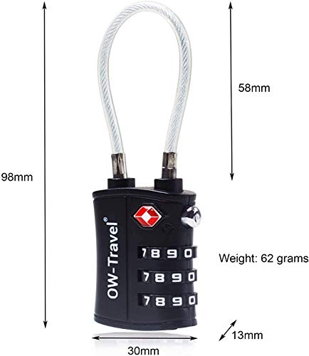 OW-Travel Candado Combinacion Cable Acero Flexible Anti robo. Candado maleta TSA numerico 3 Digitos. Candados mochila y maletas. Candado Taquilla Gimnasio. TSA candado seguridad equipaje Negro 2