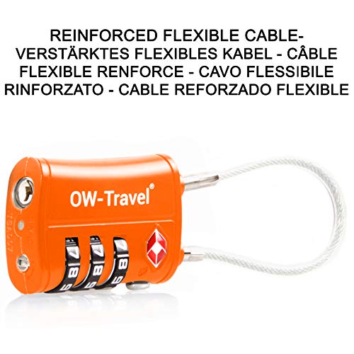 OW-Travel Candado Combinacion Cable Acero Flexible Anti robo. Candado maleta TSA numerico 3 Digitos. Candados mochila y maletas. Candado Taquilla Gimnasio. TSA candado seguridad equipaje Naranja 1