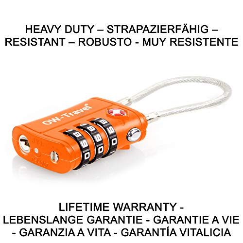 OW-Travel Candado Combinacion Cable Acero Flexible Anti robo. Candado maleta TSA numerico 3 Digitos. Candados mochila y maletas. Candado Taquilla Gimnasio. TSA candado seguridad equipaje Naranja 1