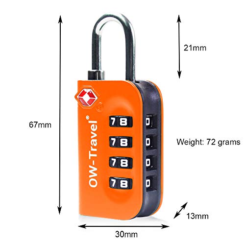 OW-Travel Candado maleta TSA Anti robo. Candado numerico 4 Digitos. Candado Combinacion Taquilla. Candados para mochilas y maletas. Candado Taquilla Gimnasio. TSA Candado seguridad equipaje Naranja 2