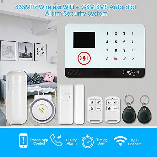 OWSOO 433MHz Sistema de Alarma GSM SMS, Pantalla LCD, Control Remoto de Phone APP, Alarma de Marcación Automática, con Sensor de Puerta/Sensor de Movimiento/Control Remoto/Tarjeta RFID/Sirena Cableada OWSOO 433MHz Sistema de Alarma GSM SMS, Pantalla LCD, Control Remoto de Phone APP, Alarma de Marcación Automática, con Sensor de Puerta/Sensor de Movimiento/Control Remoto/Tarjeta RFID/Sirena Cableada