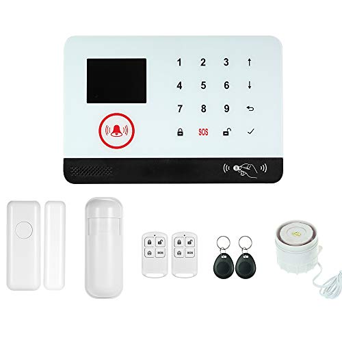 OWSOO 433MHz Sistema de Alarma GSM SMS, Pantalla LCD, Control Remoto de Phone APP, Alarma de Marcación Automática, con Sensor de Puerta/Sensor de Movimiento/Control Remoto/Tarjeta RFID/Sirena Cableada