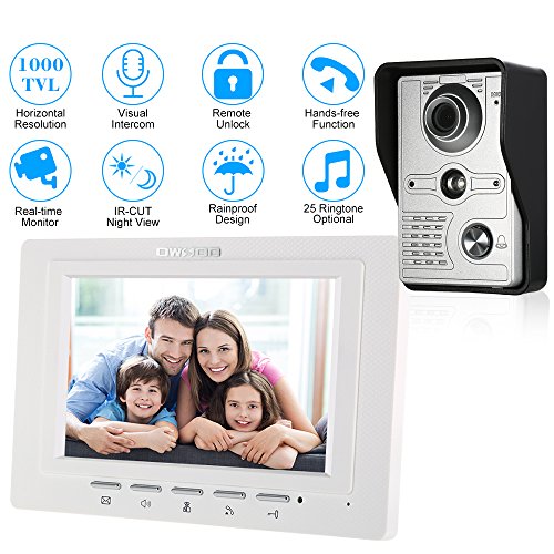 OWSOO Videoportero Cableado Timbre Intercomunicador (1000TVL Cámara de Vigilancia Exterior, 7" TFT LCD Monitor Interior, IR-Cut, 2-Vías de Audio, Desbloqueo Remoto, Visión Nocturna)