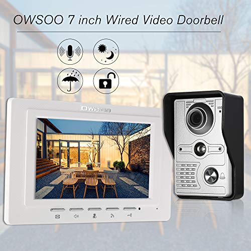 OWSOO Videoportero Cableado Timbre Intercomunicador (1000TVL Cámara de Vigilancia Exterior, 7" TFT LCD Monitor Interior, IR-Cut, 2-Vías de Audio, Desbloqueo Remoto, Visión Nocturna)