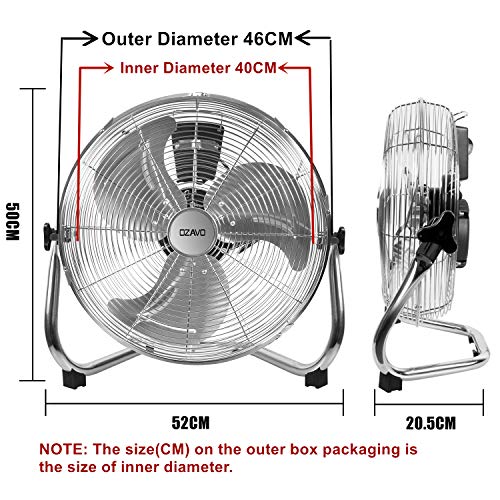 OZAVO Ventilador de Suelo Industrial, 3 Velocidades, Inclinación Regulable 240°, para Hogar, Oficina, Gimnasio, Fábrica, Garaje, etc. (Hoja φ40cm)