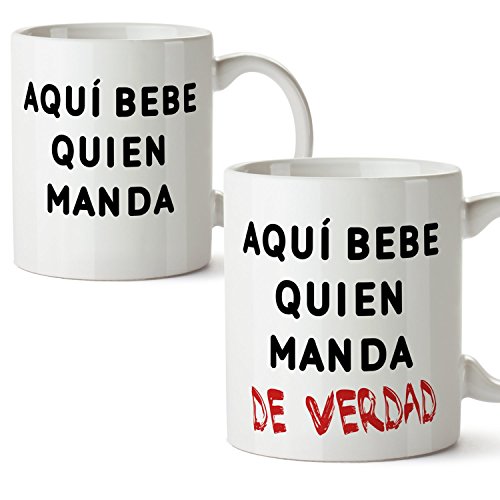 PACK 2 TAZAS - regalo para parejas compañeros de piso o de trabajo - regalo original de novios y novias perfecto para San Valentín y también para amigos - Aquí bebe quien manda