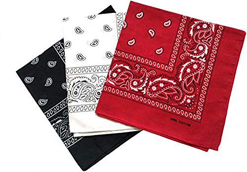 Pack 3 Pañuelos Bandanas Paisley de Algodón 55x55cm para Cuello o Cabeza Múltiuso Unisex (negro+blanco+rojo, Talla única)