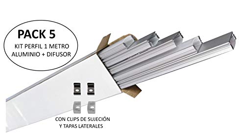 Pack 5x Perfil de Aluminio 1m para Tira de LED con Cubierta Blanca Lechosa. Los tapones de los extremos y clips de montaje incluidos en el Pack.