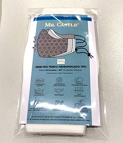 Pack 60 Filtros TNT homologado, Tamaño grande 18x10cm. Para mascarillas de tela, lavables y reutilizables.Tejido Hidrófugo, transpirable y antivirus de 70 Gr/m2. Hecho en España