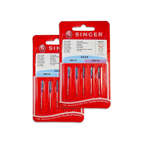 Pack de 10 Agujas para Máquinas de Coser Singer 2026 Grosores 90-100 para Tejidos Jeans y Denim (Tejanos) 130/705 H-J (Talón plano de un lado) Universales