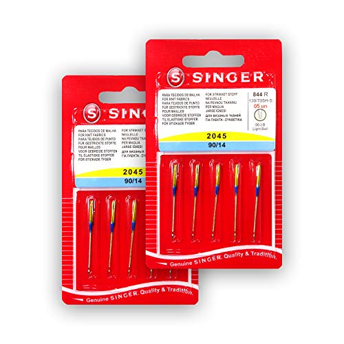 Pack de 10 Agujas para Máquinas de Coser Singer 2045 Grosor 90/14 para Tejidos Elásticos y de Punto (Stretch) 130/705 H-S (Talón plano de un lado) Universales