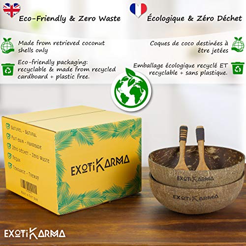 Pack de 2 tazones de coco reciclados + 2 cucharas exóticas de madera, cero desechos, vegano, para un desayuno sano, cereales, ensaladas, helados, smoothie bowls, buda bowls, acaï bowls Pack de 2 tazones de coco reciclados + 2 cucharas exóticas de madera, cero desechos, vegano, para un desayuno sano, cereales, ensaladas, helados, smoothie bowls, buda bowls, acaï bowls