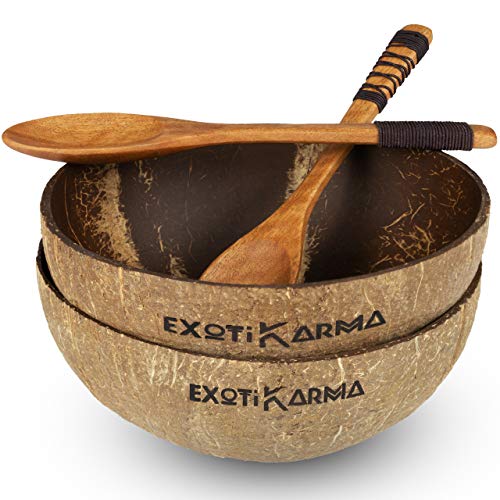 Pack de 2 tazones de coco reciclados + 2 cucharas exóticas de madera, cero desechos, vegano, para un desayuno sano, cereales, ensaladas, helados, smoothie bowls, buda bowls, acaï bowls Pack de 2 tazones de coco reciclados + 2 cucharas exóticas de madera, cero desechos, vegano, para un desayuno sano, cereales, ensaladas, helados, smoothie bowls, buda bowls, acaï bowls