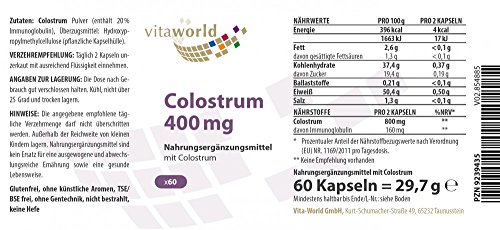 Pack de 3 Calostro 400mg 3 x 60 Cápsulas Vita World Farmacia Alemania Sistema Inmune Saludable