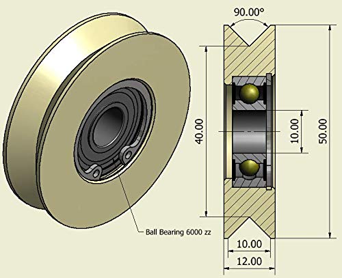 Pack de 4 ruedas de polea de nailon poliamida con ranura 90° V para guías lineales, V-50 mm-10 mm, 4