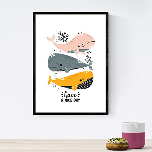 Pack de Cuatro Posters con Ilustraciones de Ballenas. Láminas con imágenes Infantiles de Ballenas. Ballenas Faro Marino Barco en el Fondo del mar. Tamaño A4 sin Marco…