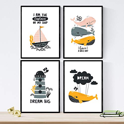 Pack de Cuatro Posters con Ilustraciones de Ballenas. Láminas con imágenes Infantiles de Ballenas. Ballenas Faro Marino Barco en el Fondo del mar. Tamaño A4 sin Marco…