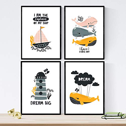 Pack de Cuatro Posters con Ilustraciones de Ballenas. Láminas con imágenes Infantiles de Ballenas. Ballenas Faro Marino Barco en el Fondo del mar. Tamaño A4 sin Marco… Pack de Cuatro Posters con Ilustraciones de Ballenas. Láminas con imágenes Infantiles de Ballenas. Ballenas Faro Marino Barco en el Fondo del mar. Tamaño A4 sin Marco…