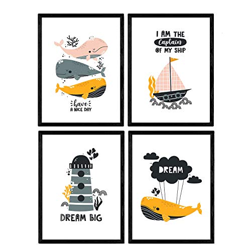 Pack de Cuatro Posters con Ilustraciones de Ballenas. Láminas con imágenes Infantiles de Ballenas. Ballenas Faro Marino Barco en el Fondo del mar. Tamaño A4 sin Marco… Pack de Cuatro Posters con Ilustraciones de Ballenas. Láminas con imágenes Infantiles de Ballenas. Ballenas Faro Marino Barco en el Fondo del mar. Tamaño A4 sin Marco…