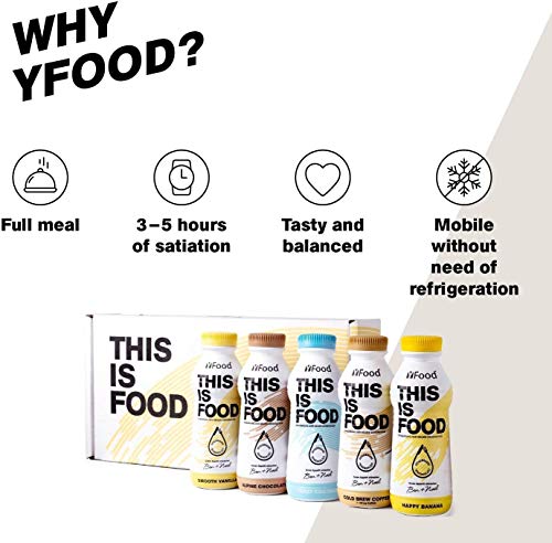 Pack de Degustación YFood | Sustituto de comida sin lactosa ni gluten | 34 g de proteínas, 26 vitaminas y minerales | pack con 5 diferentes sabores | 5x 500 ml (1kcal / ml)