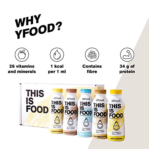 Pack de Degustación YFood | Sustituto de comida sin lactosa ni gluten | 34 g de proteínas, 26 vitaminas y minerales | pack con 5 diferentes sabores | 5x 500 ml (1kcal / ml)