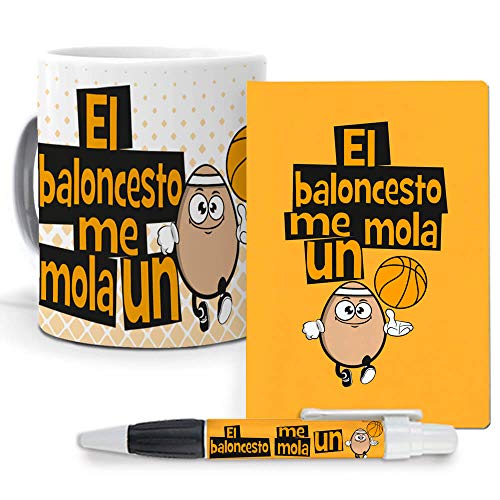 Pack Original y Personalizado para Regalo, Ideal para Hobby. El Baloncesto me Mola un Huevo. Libreta, boligrafo y Taza Maxima Calidad.