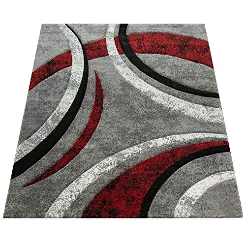 Paco Home Alfombra De Diseño con Ribetes Estampado con Rayas Gris Negro Rojo Moteada, tamaño:160x230 cm