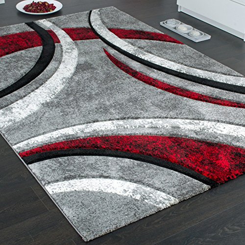 Paco Home Alfombra De Diseño con Ribetes Estampado con Rayas Gris Negro Rojo Moteada, tamaño:160x230 cm
