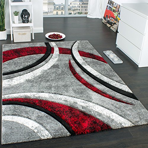 Paco Home Alfombra De Diseño con Ribetes Estampado con Rayas Gris Negro Rojo Moteada, tamaño:160x230 cm