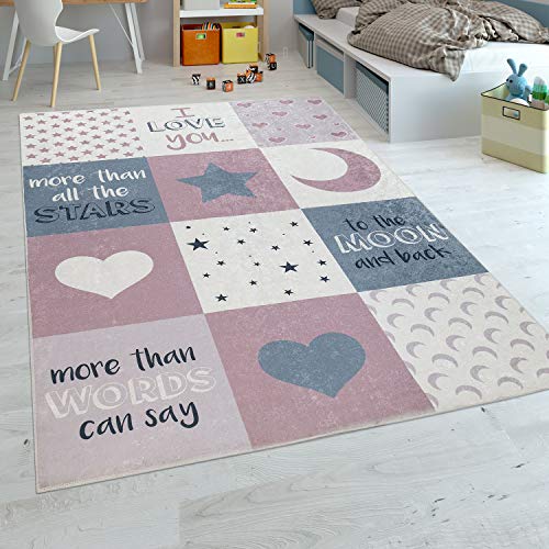 Paco Home Alfombra Habitación Infantil Niña Lavable Corazón Estrellas Luna Frase Rosa Gris, tamaño:120x160 cm