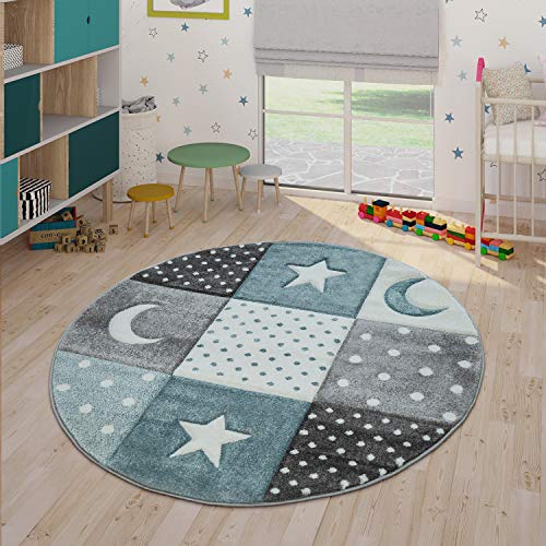 Paco Home Alfombra Infantil Pastel Cuadros Puntos Corazones Estrellas Blanco Gris Azul, tamaño:80x150 cm