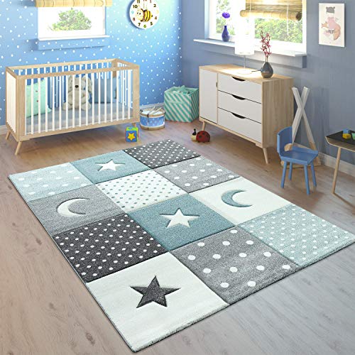 Paco Home Alfombra Infantil Pastel Cuadros Puntos Corazones Estrellas Blanco Gris Azul, tamaño:80x150 cm