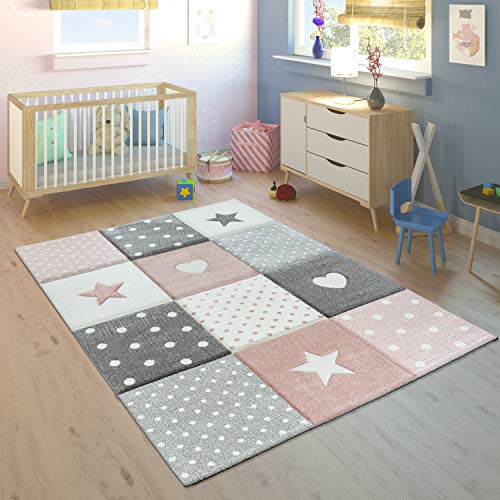 Paco Home Alfombra Infantil Pastel Cuadros Puntos Corazones Estrellas Blanco Gris Rosa, tamaño:160x230 cm