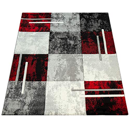 Paco Home Alfombra Moderna De Diseño Perfilado - A Cuadros En Gris Negro Rojo, tamaño:120x170 cm