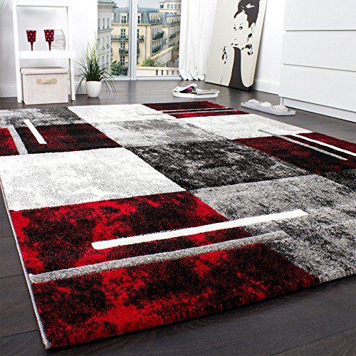 Paco Home Alfombra Moderna De Diseño Perfilado - A Cuadros En Gris Negro Rojo, tamaño:120x170 cm