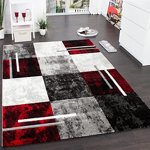 Paco Home Alfombra Moderna De Diseño Perfilado - A Cuadros En Gris Negro Rojo, tamaño:120x170 cm