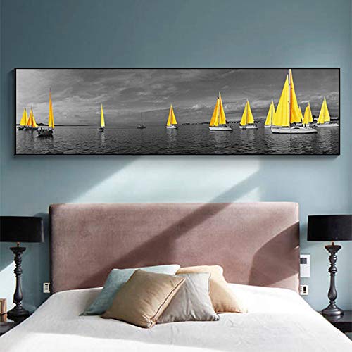Paisaje de imágenes amarillas del mar del puente del barco de la torre carteles e impresiones para el hogar, pintura de pared, arte de pared para decoración de sala de estar, 50 x 180 cm, sin marco