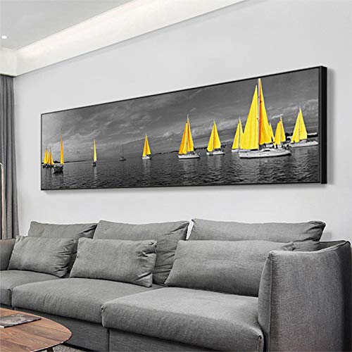 Paisaje de imágenes amarillas del mar del puente del barco de la torre carteles e impresiones para el hogar, pintura de pared, arte de pared para decoración de sala de estar, 50 x 180 cm, sin marco