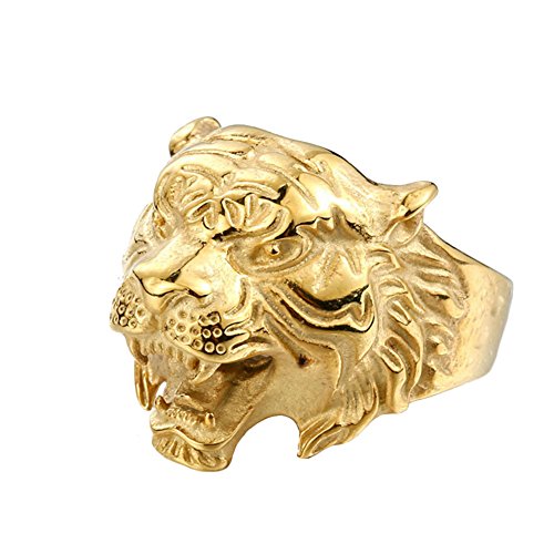 PAMTIER Hombres Acero Inoxidable Vendimia Gótico Biker Tigre Cabeza Ring Band Animal Diseño Oro Tamaño 19