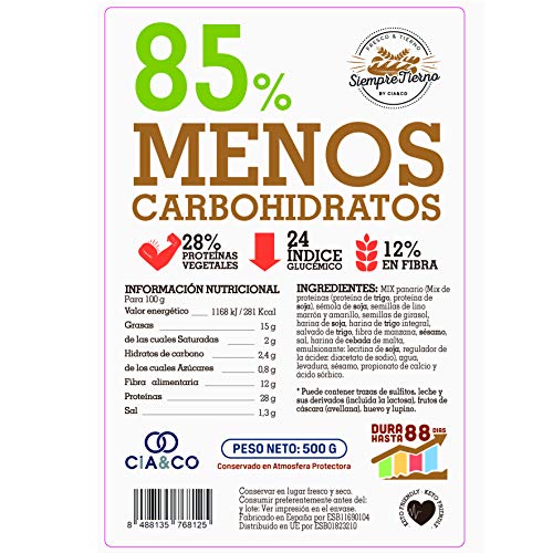 Pan Proteico SiempreTierno XXL 500 grs · Pan Keto Proteinado Bajo en Carbohidratos · 28% de Proteínas · Ideal dietas Hipocalóricas y Altas en Proteínas KETO · Dura hasta 88 días sin frio.